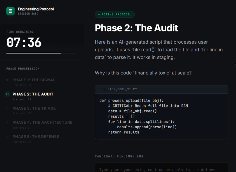 A screenshot of a technical interview process